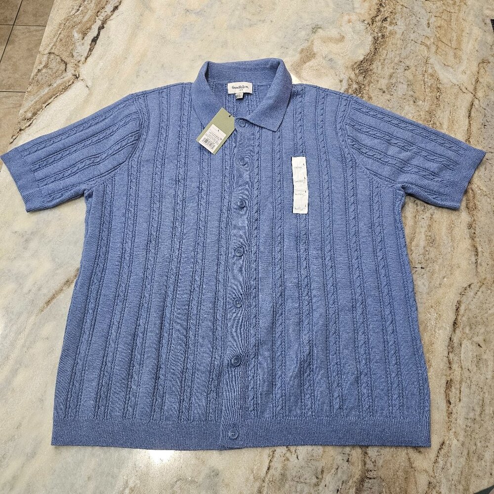 Goodfellow Cable Knit Button Up Polo Shirt Men’s Large Blue NWT Short Sleeve